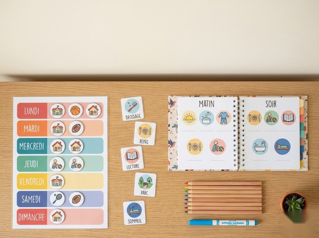 Bureau lumineux avec planning visuel hebdomadaire, pictogrammes plastifiés et carnet de routines à imprimer pour enfant TDAH, TSA ou DYS.