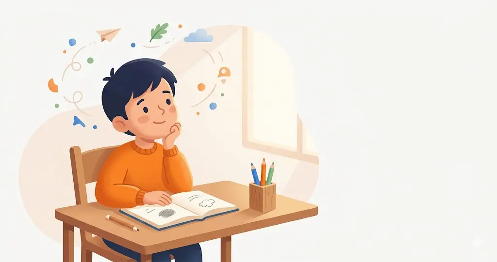 Enfant TDAH à son bureau, l'esprit qui vagabonde — comprendre et accompagner au quotidien