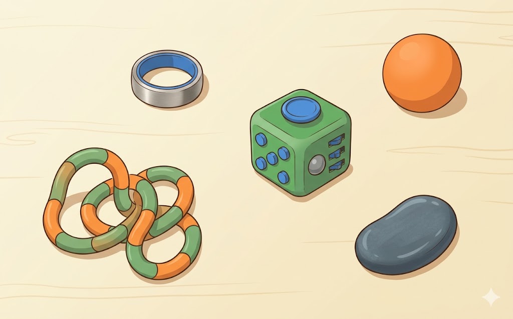 Différents fidgets discrets pour adultes : bague rotative, cube, tangle, galet et balle anti-stress