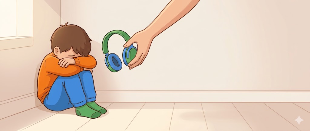 Une main d'adulte tend un casque anti-bruit à un enfant recroquevillé, dans une ambiance douce et apaisante, pour l'aider face à une surcharge sensorielle