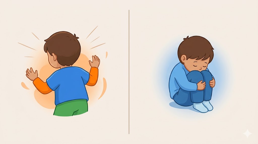 Illustration en deux temps : à gauche, l'agitation d'un meltdown dans des tons chauds ; à droite, le repli silencieux d'un shutdown dans des tons bleus apaisés
