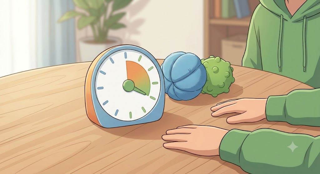 Minuteur visuel posé sur une table, sa zone colorée diminuant pour matérialiser le temps restant avant une transition