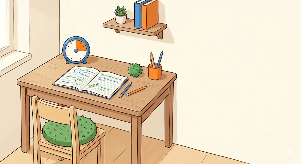 Minuteur visuel, balle anti-stress et coussin dynamique disposés sur un bureau d'enfant, illustrant les outils de concentration pour le TDAH