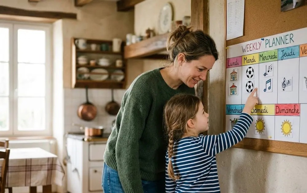 Une mère et son enfant regardent ensemble un planning visuel hebdomadaire affiché au mur de la cuisine ; l'enfant pointe un pictogramme.