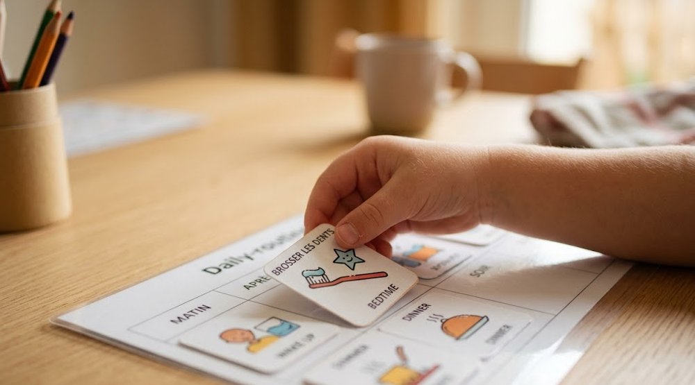 Les mains d'un enfant placent une carte pictogramme sur un tableau de routine plastifié, posé sur une table en bois clair.