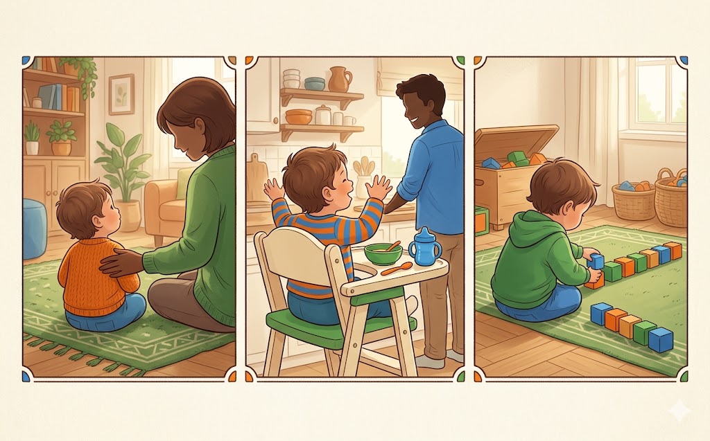 Illustration des trois registres d'observation des signes d'autisme chez le bébé : interactions sociales et regard, communication et babillage, comportements répétitifs et sensorialité