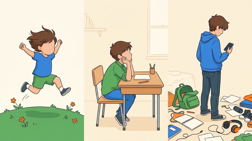 Illustration en trois temps montrant comment les signes du TDAH évoluent : un jeune enfant en mouvement, un écolier qui rêve à son bureau, un adolescent désorganisé entouré de ses affaires