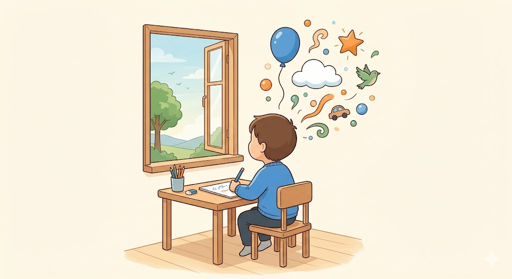 Illustration chaleureuse d'un enfant assis à son bureau, le regard ailleurs, ses pensées s'envolant comme des bulles colorées, évoquant l'inattention du TDAH