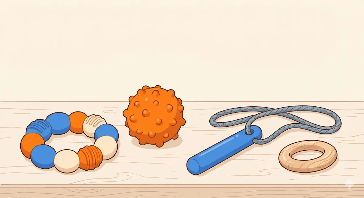 Collection de stim toys posée sur une surface en bois — anneau sensoriel, balle à picots, bâton à mâcher — guide des canaux sensoriels pour enfant autiste et TDAH