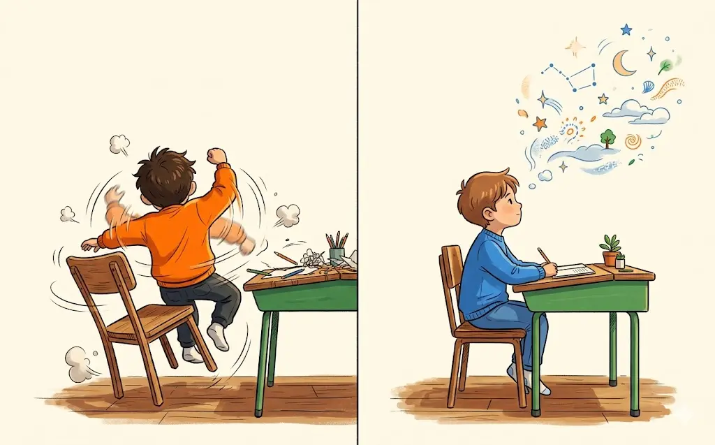 Comparaison illustrée : à gauche un enfant agité qui bouge sur sa chaise, à droite un enfant calme et rêveur le regard dans le vide, à un même bureau
