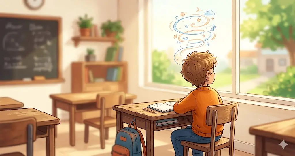 Enfant calme assis à son bureau, le regard tourné vers la fenêtre, perdu dans ses pensées pendant que la classe travaille