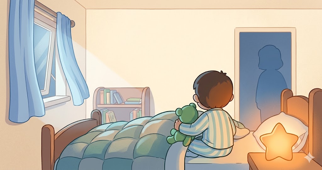 Enfant apaisé au moment du coucher dans une chambre calme, veilleuse douce et silhouette rassurante d'un parent à la porte — routine du soir pour enfant TDAH