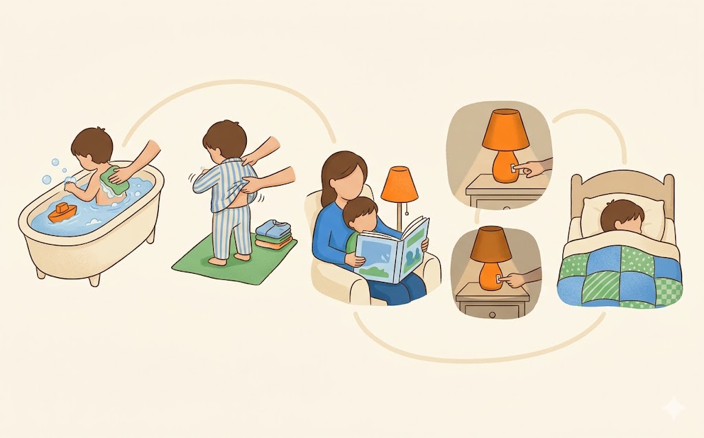 Les étapes d'une routine du coucher apaisante pour un enfant TDAH : bain tiède, pyjama, histoire du soir, lumière baissée, enfant qui s'installe sous une couverture