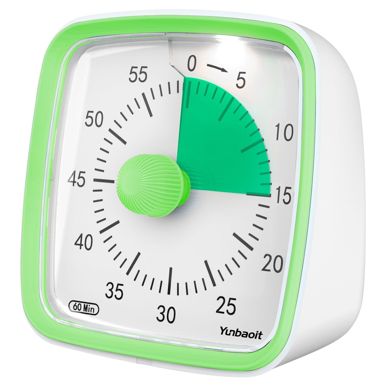 Minuteur mécanique vert à disque vert, posé sur un plan de travail