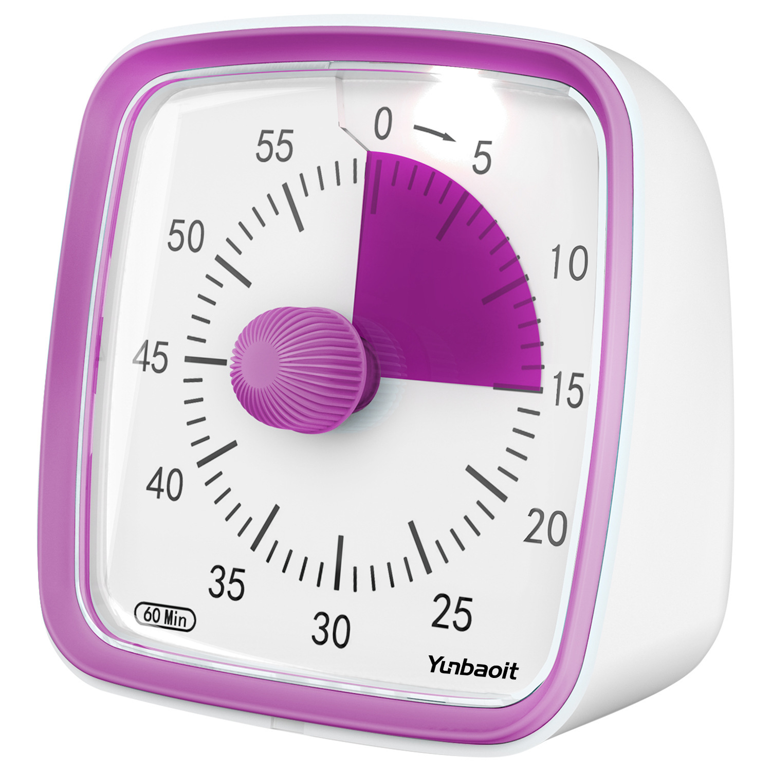 Minuteur mécanique violet à disque violet, vu de trois quarts