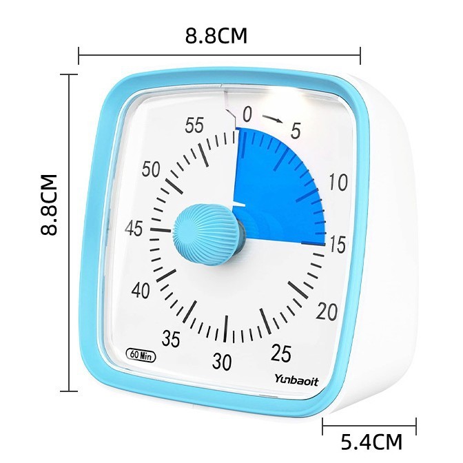 Minuteur mécanique à disque coloré, vue d'ensemble du boîtier et du cadran