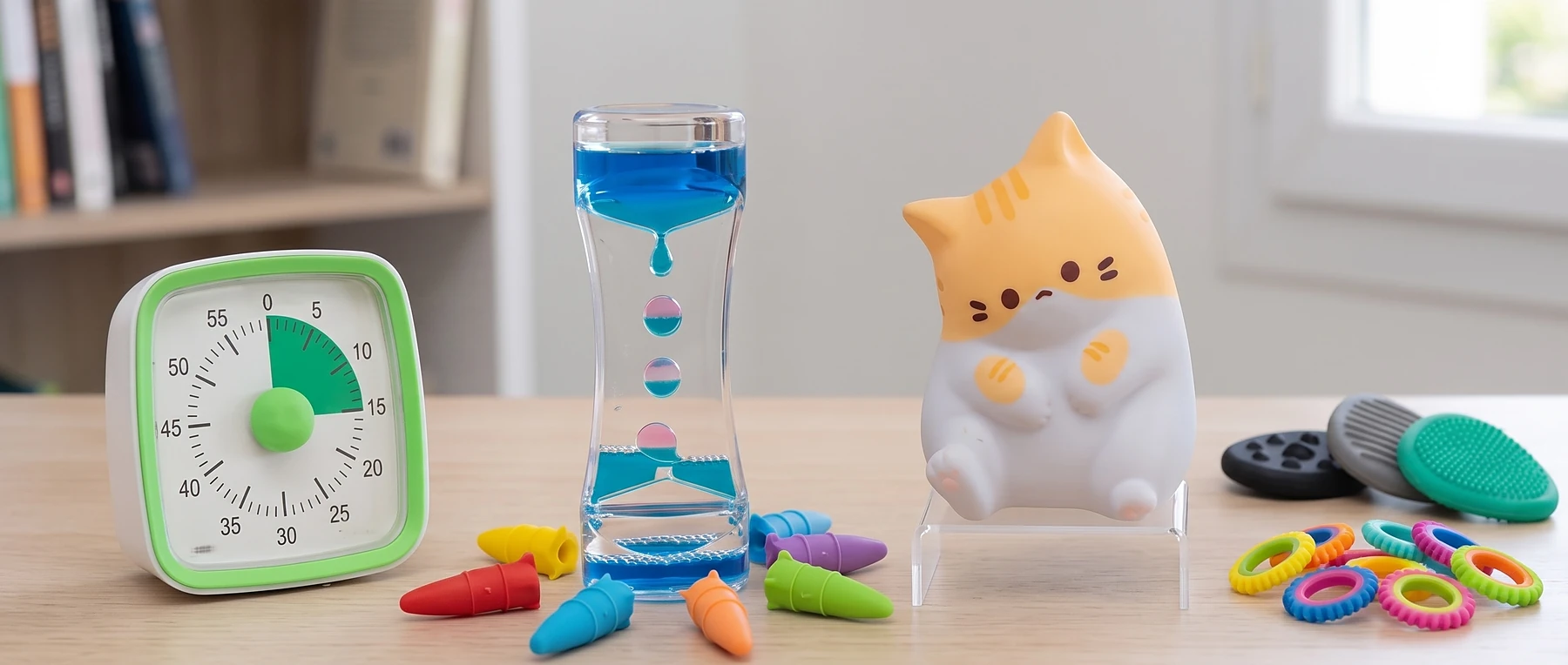 Minuteur visuel, sablier liquide, veilleuse chat, embouts de crayon à mâcher, galets sensoriels et anneaux dentelés posés sur une table en bois clair