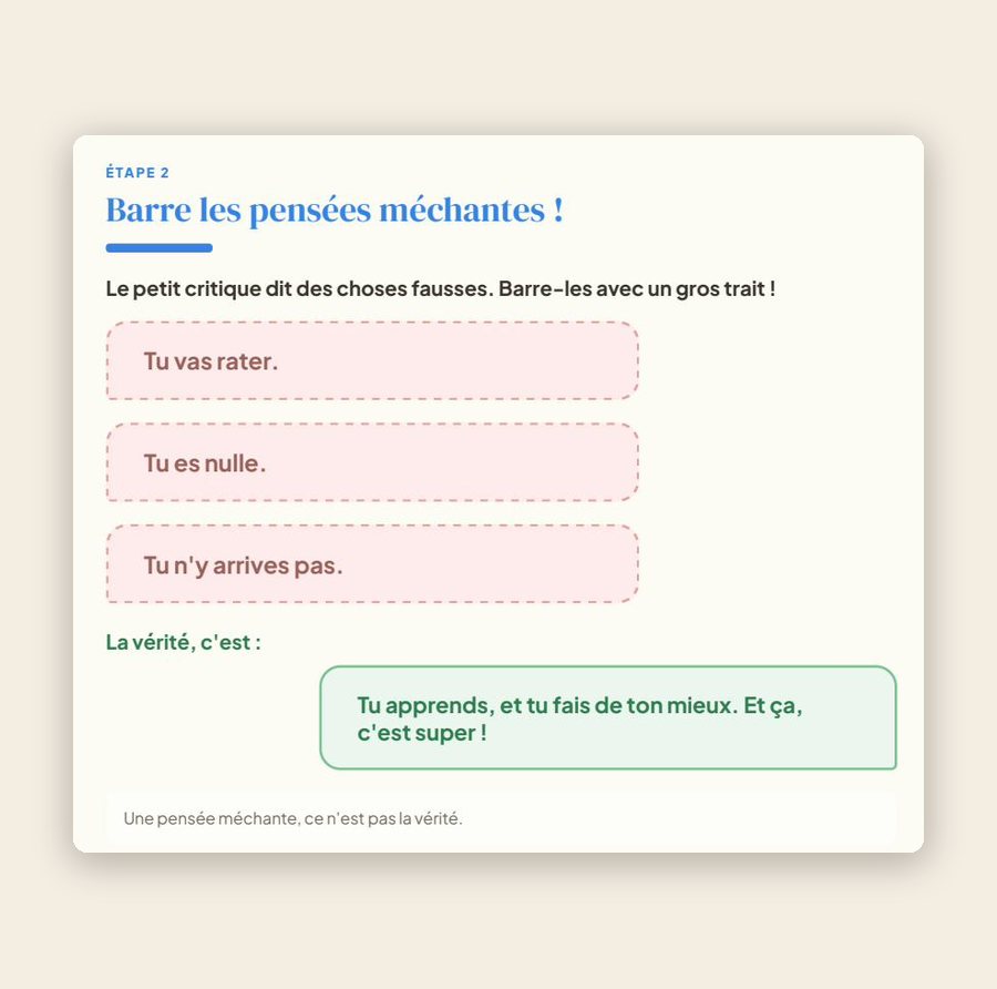 Page du carnet : « Barre les pensées méchantes », avec les phrases à rayer et la vérité à écrire.