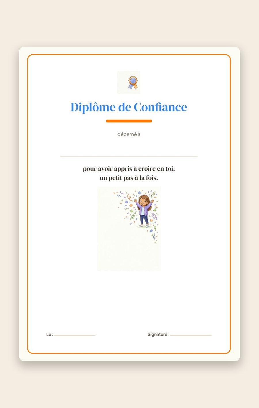 Page du carnet : le diplôme de confiance à remplir, dater et signer.