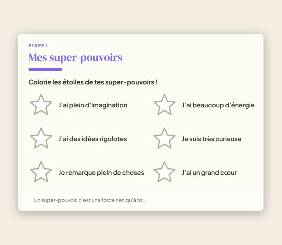 Page du carnet : « Mes super-pouvoirs », à colorier et compléter.