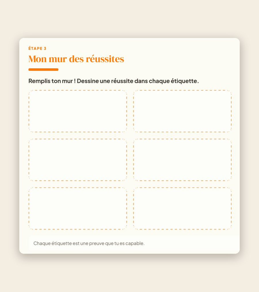 Page du carnet : « Mon mur des réussites », six étiquettes à remplir avec ses réussites.