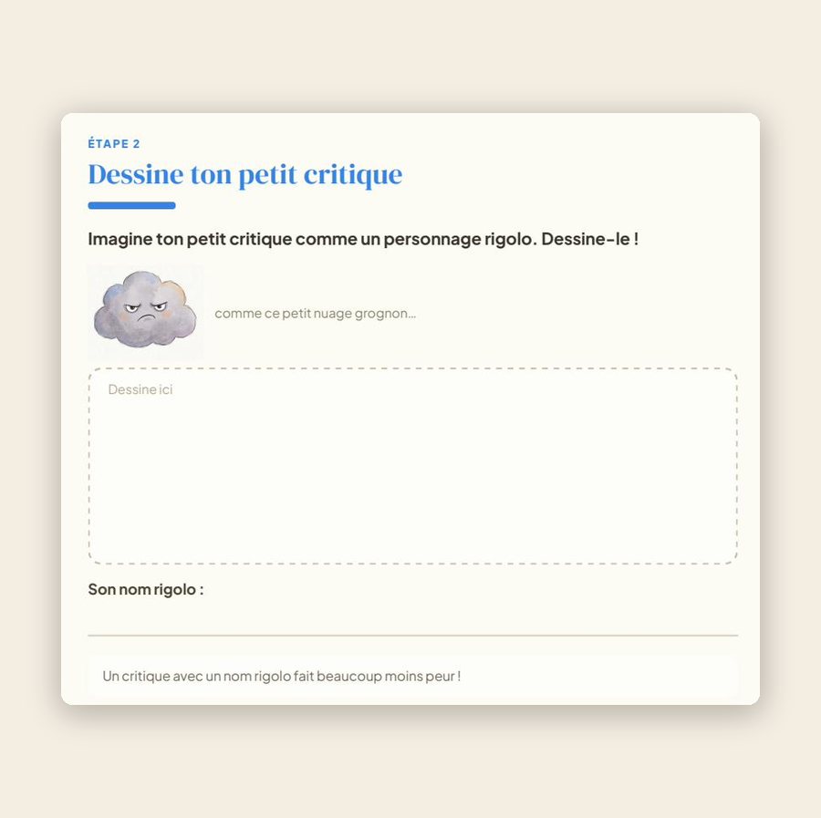 Page du carnet : « Dessine ton petit critique », avec le petit nuage grognon et un cadre à dessiner.