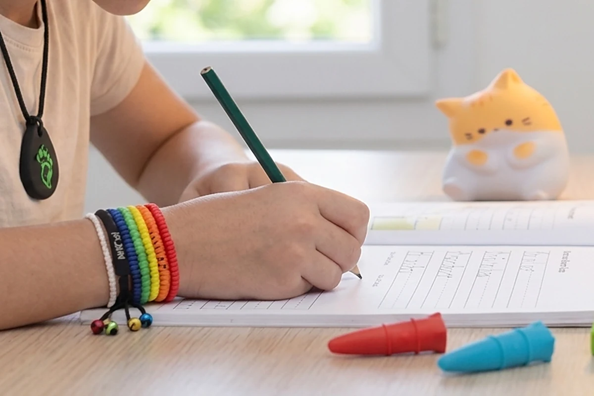 Gros plan sur la main d’un adolescent écrivant, portant un pendentif à mâcher en silicone noir gravé d’un dragon