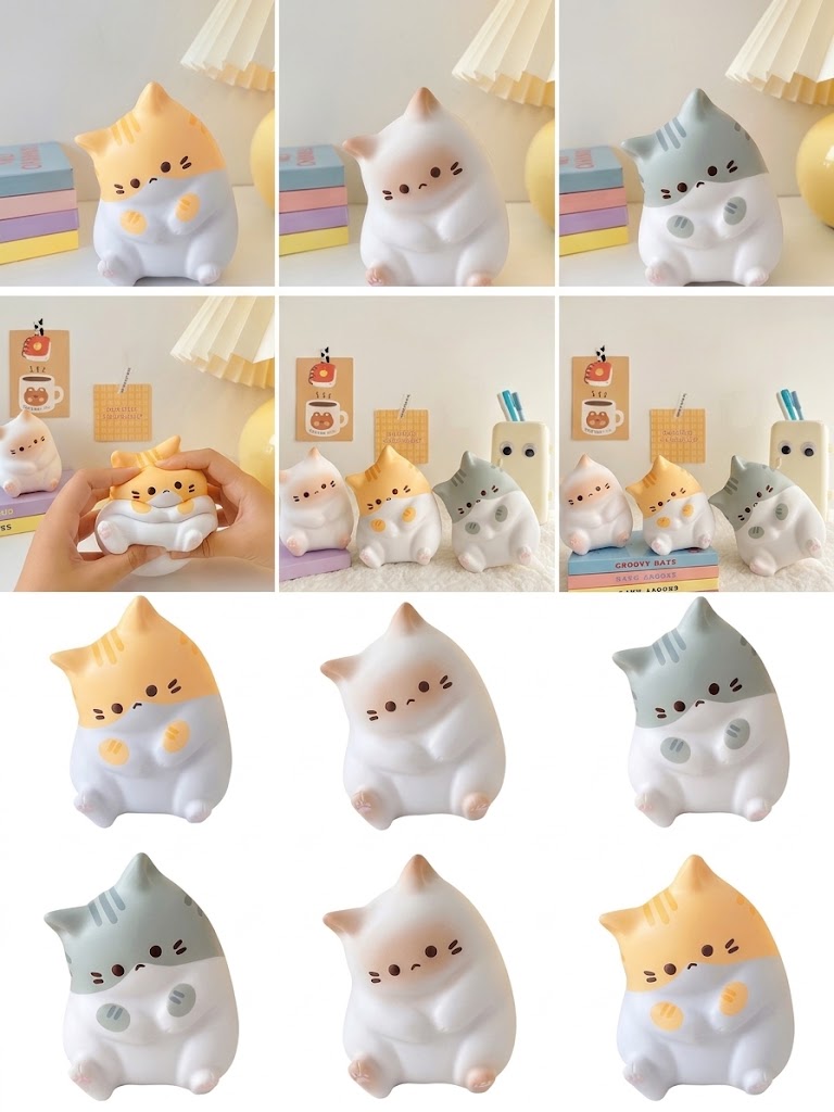 Planche présentant plusieurs vues de veilleuses en forme de chats assis, blanche, orange et grise, dont une main pressant la version orange