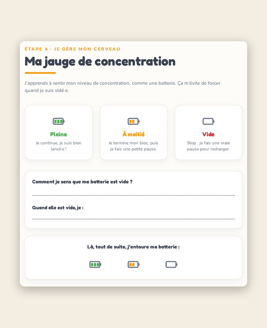 Page du carnet Devoirs : « Ma jauge de concentration », à remplir au fil de la séance.