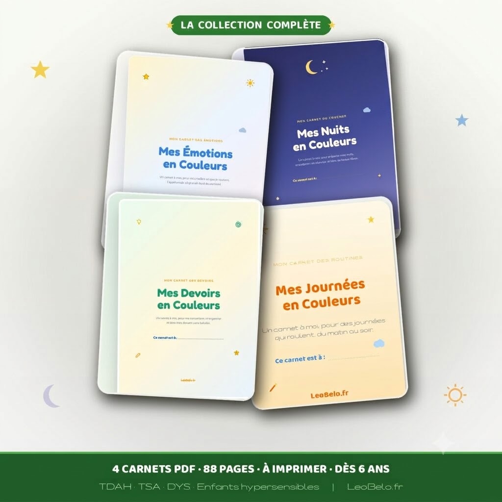 Collection des 4 carnets PDF à imprimer pour enfants TDAH, TSA et DYS : routines, émotions, nuits et devoirs