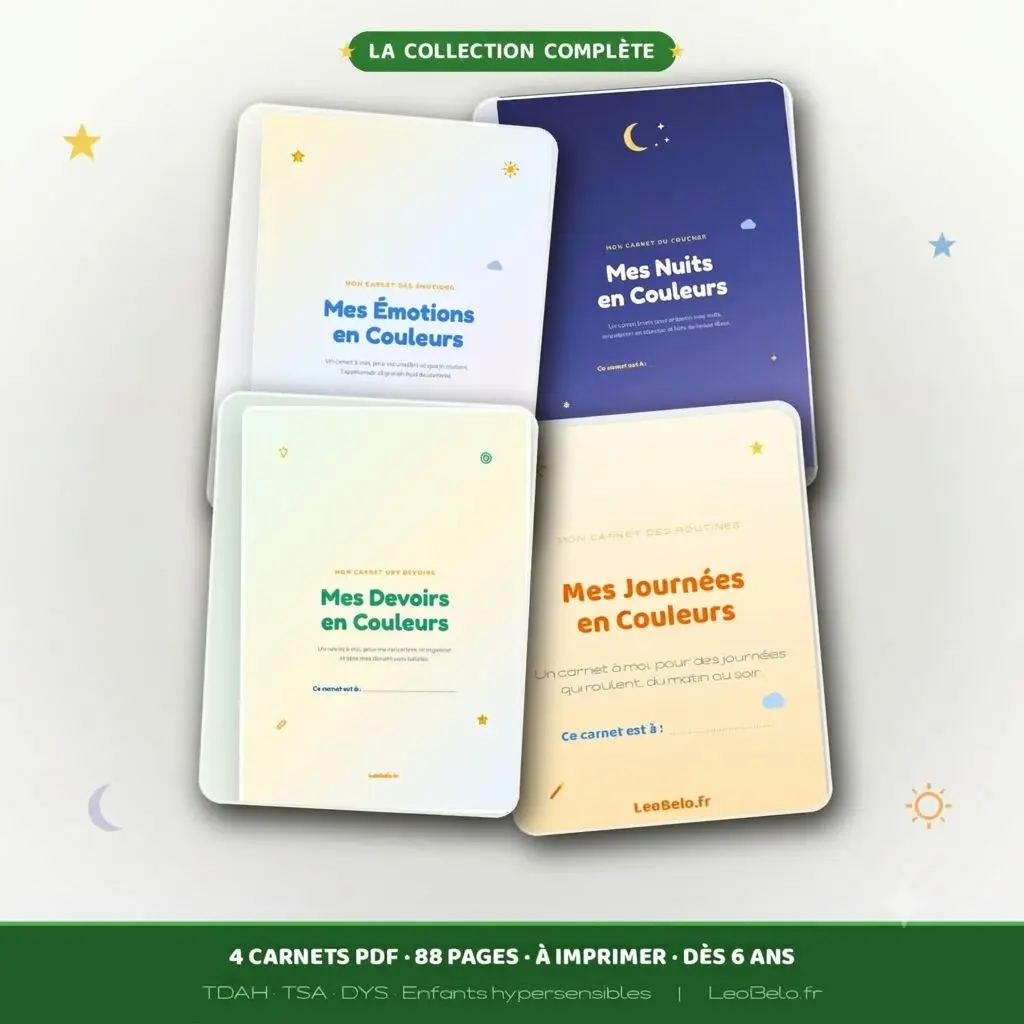 Collection des 4 carnets PDF à imprimer pour enfants TDAH, TSA et DYS : routines, émotions, nuits et devoirs