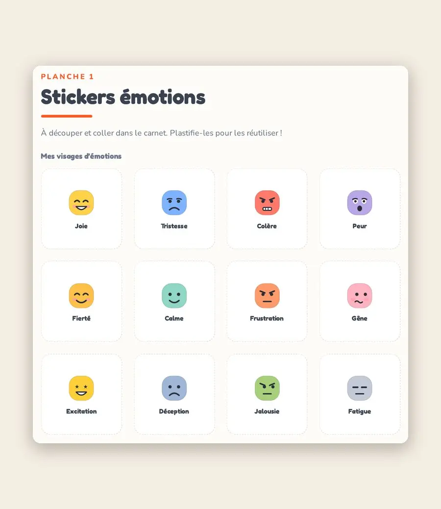 Planche de stickers à découper, incluse dans chacun des quatre carnets