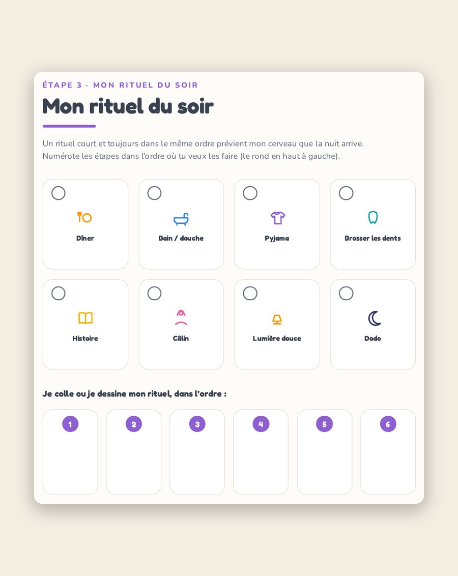 Page du carnet Nuits : « Mon rituel du soir », à construire en images.