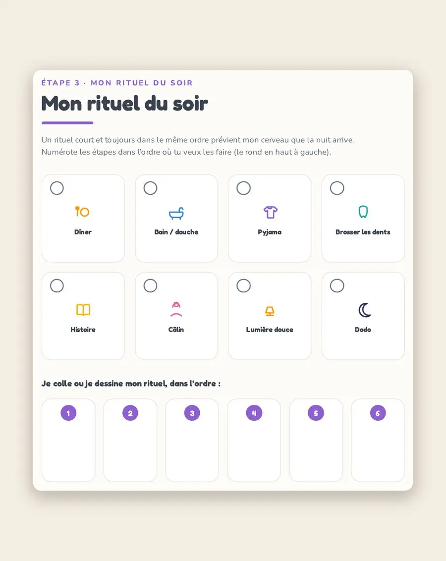 Page du carnet Nuits : le rituel du soir à construire en images