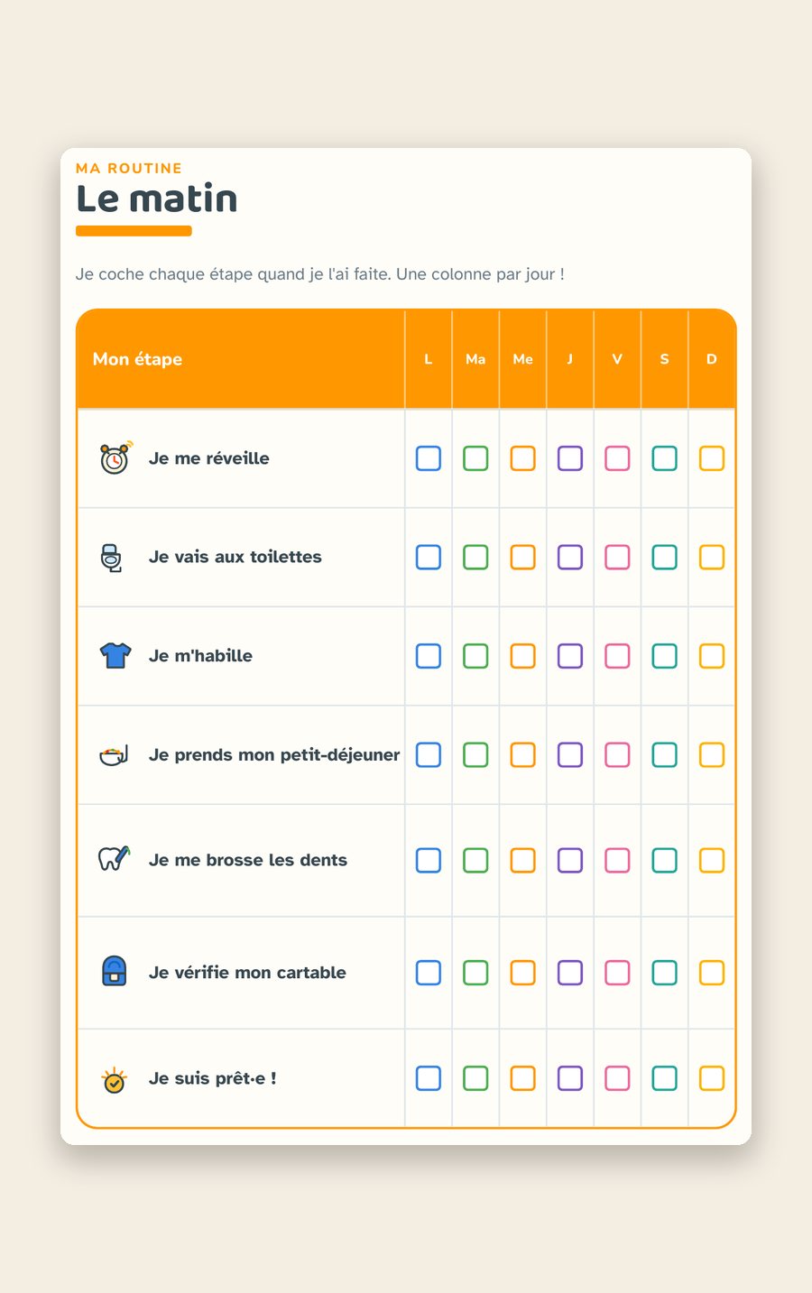Page du carnet Routines : « Ma routine — Le matin », les étapes du matin en images à cocher.