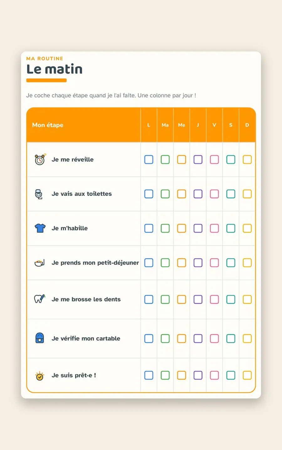 Page du carnet Routines : la routine du matin en images, étape par étape