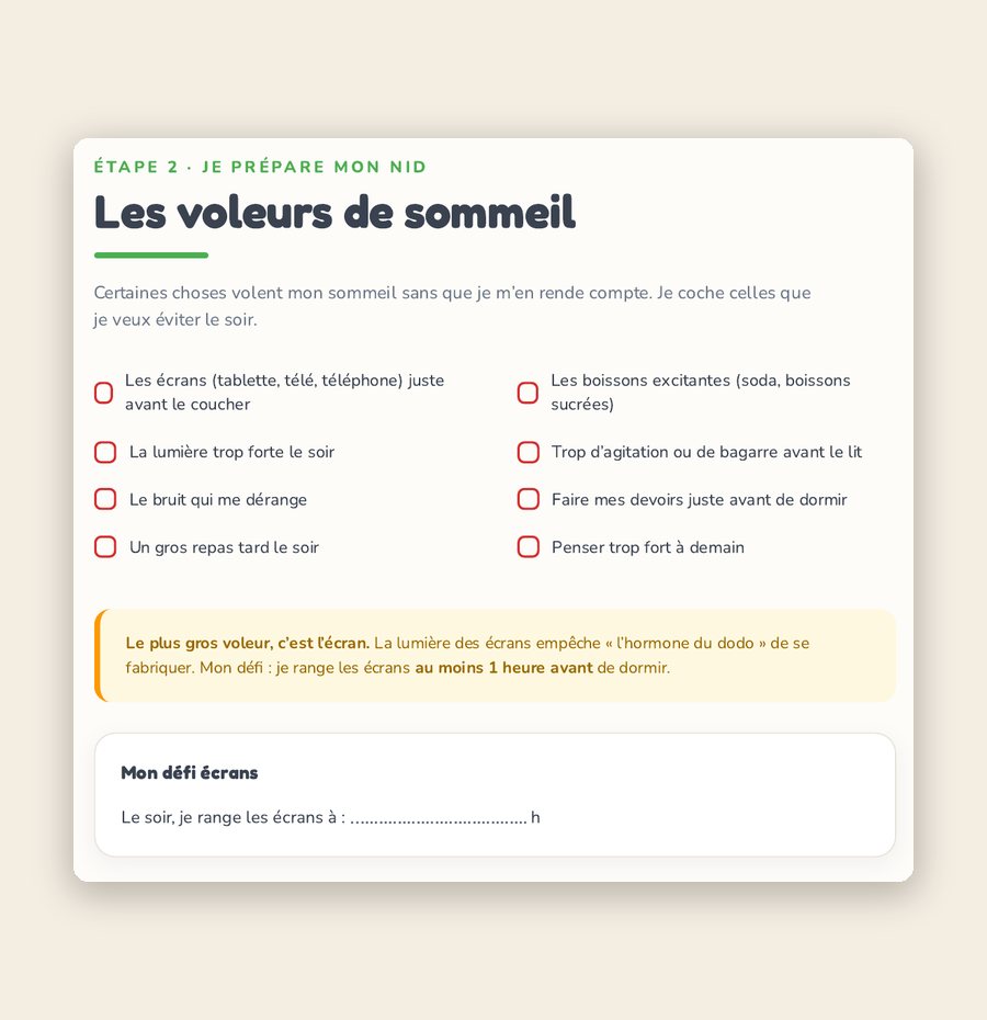 Page du carnet Nuits : « Les voleurs de sommeil », ce qui empêche de s'endormir.