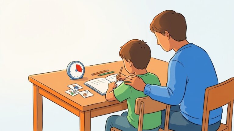 Enfant à une table avec un minuteur visuel, parent à ses côtés.