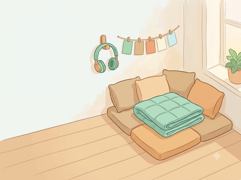 Coin d'apaisement à la maison : coussins, couverture lestée, casque anti-bruit et bandeau de cartes vierges au mur.