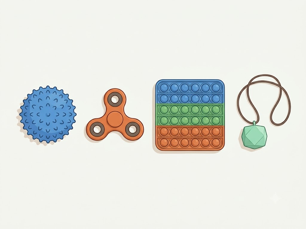 Quatre fidgets illustrés côte à côte : balle texturée, spinner, pop-it et pendentif à mâcher.