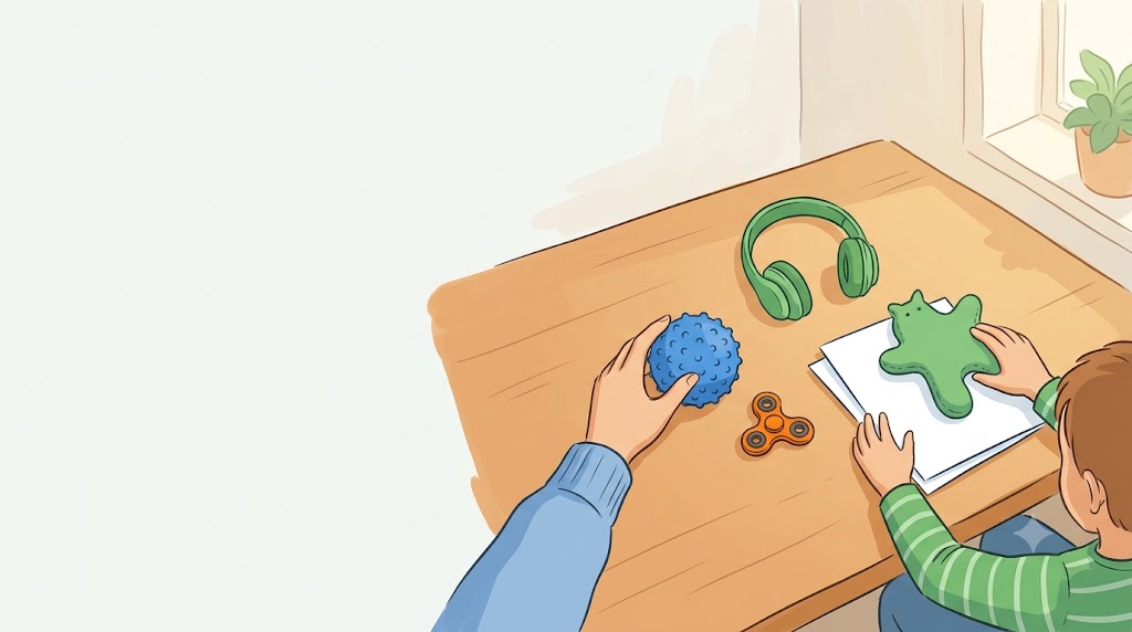 Mains d'un parent et d'un enfant qui rangent ensemble des outils sensoriels sur une table : balle texturée, toupie, casque anti-bruit et peluche lestée.