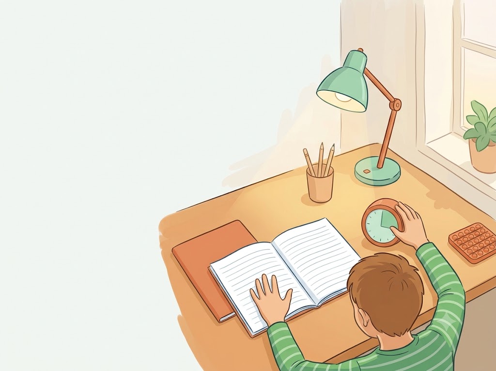 Enfant de dos à son bureau de devoirs, un minuteur visuel et un fidget à portée de main.
