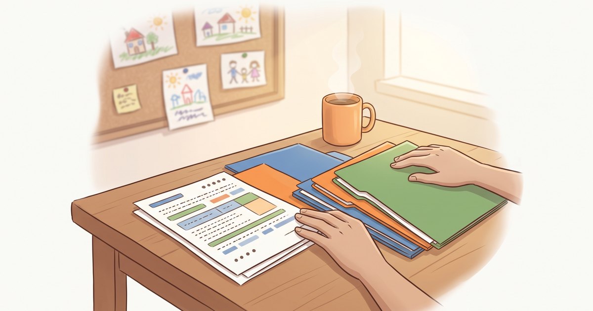 Mains d'un parent triant des dossiers sur une table de cuisine éclairée le matin, formulaire et tasse à côté, illustration du guide des aides financières
