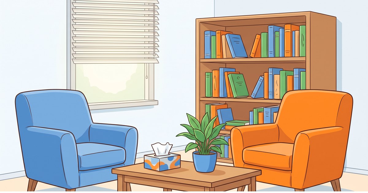 Salle de consultation accueillante avec deux fauteuils face à face, une plante et une bibliothèque, illustration du guide pour trouver un spécialiste TDAH ou TSA