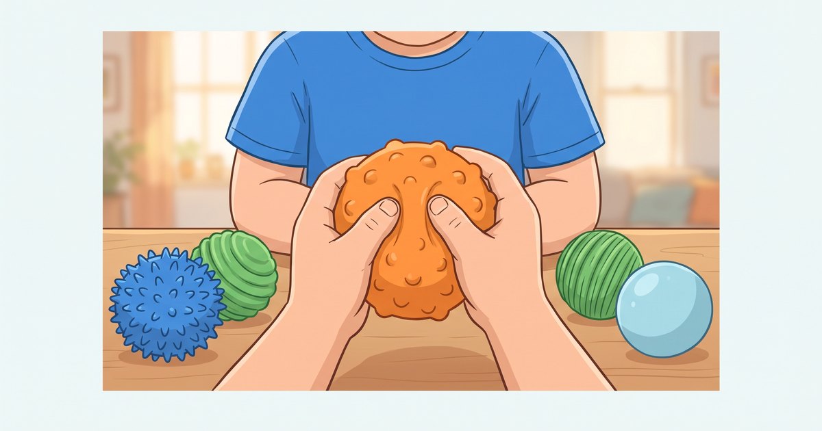 Mains d'enfant serrant une balle sensorielle texturée, plusieurs balles aux textures différentes posées sur la table en bois