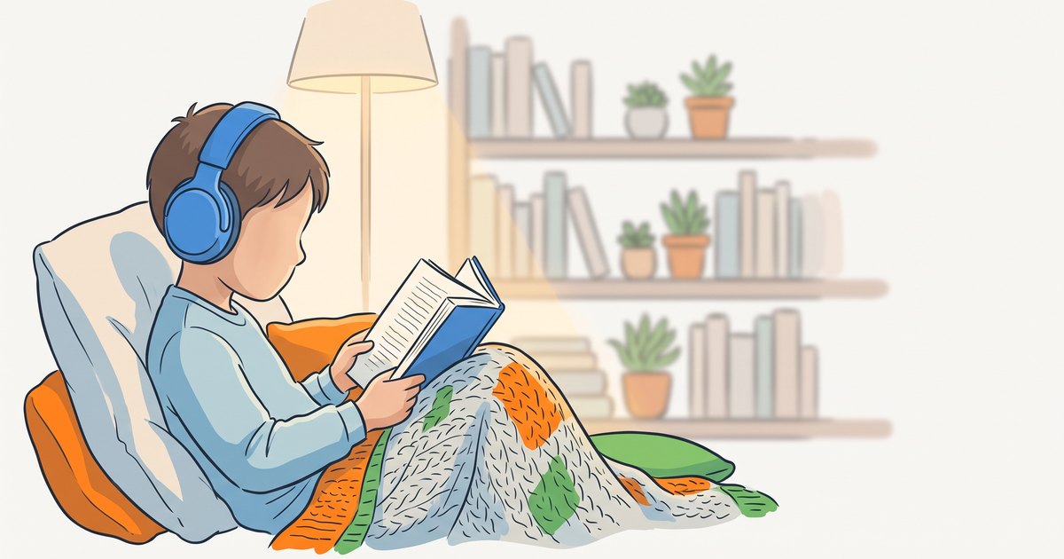 Enfant vu de profil portant un casque anti-bruit bleu, installé confortablement avec un livre dans un coin lecture douillet
