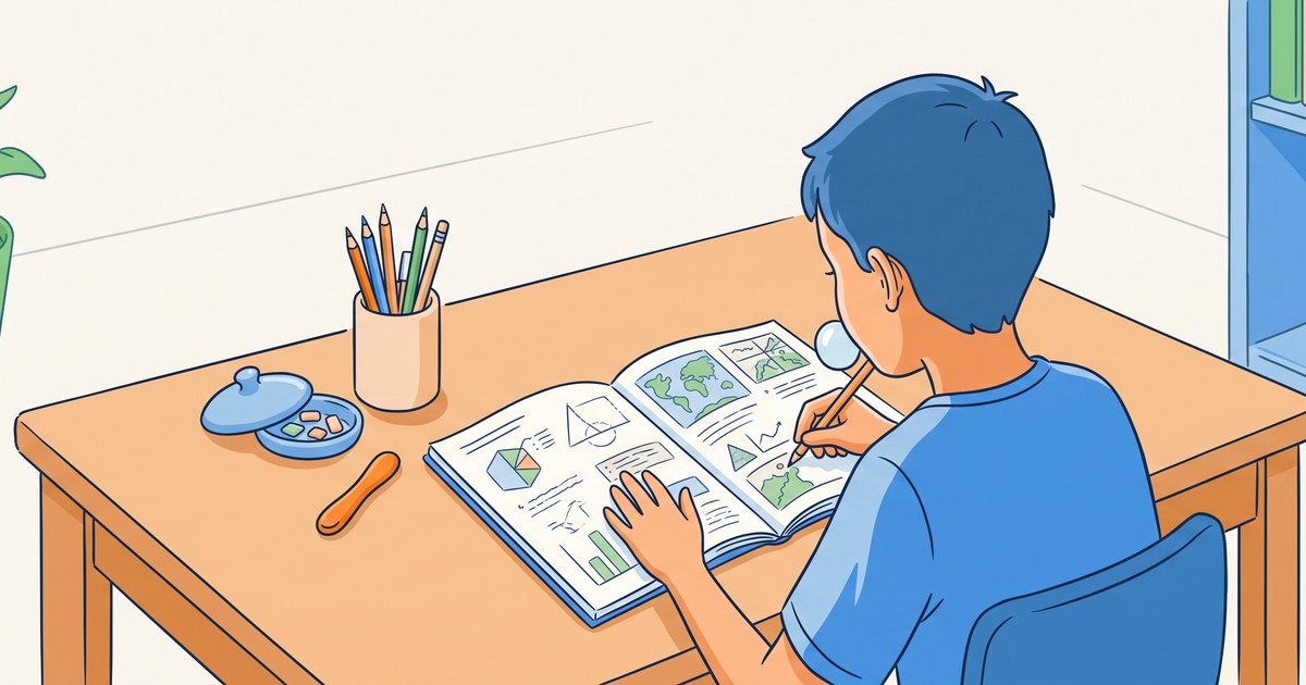 Enfant de dos travaillant un cahier de croquis en mâchant discrètement, boîte à chewing-gums fermée