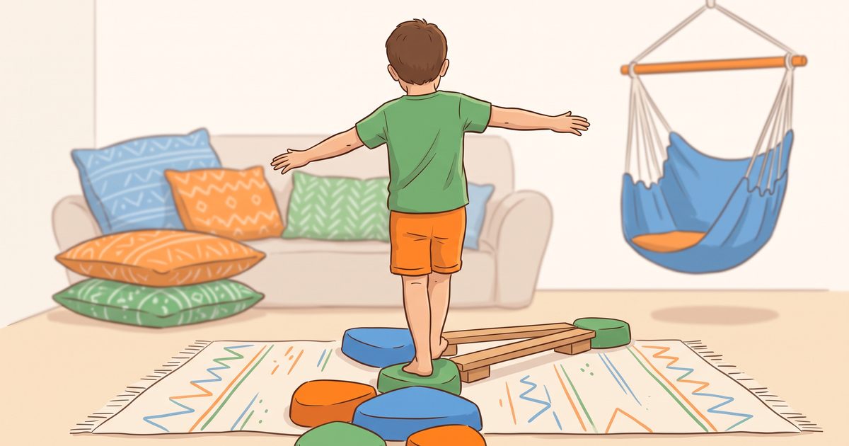 Coin motricité globale maison avec pierres d'équilibre colorées et parcours sensoriel pour enfant