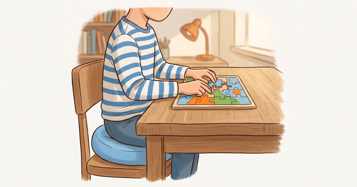 Enfant assis sur un coussin de concentration bleu devant sa table de puzzle, illustration du guide comparatif coussins lestés et coussins de concentration