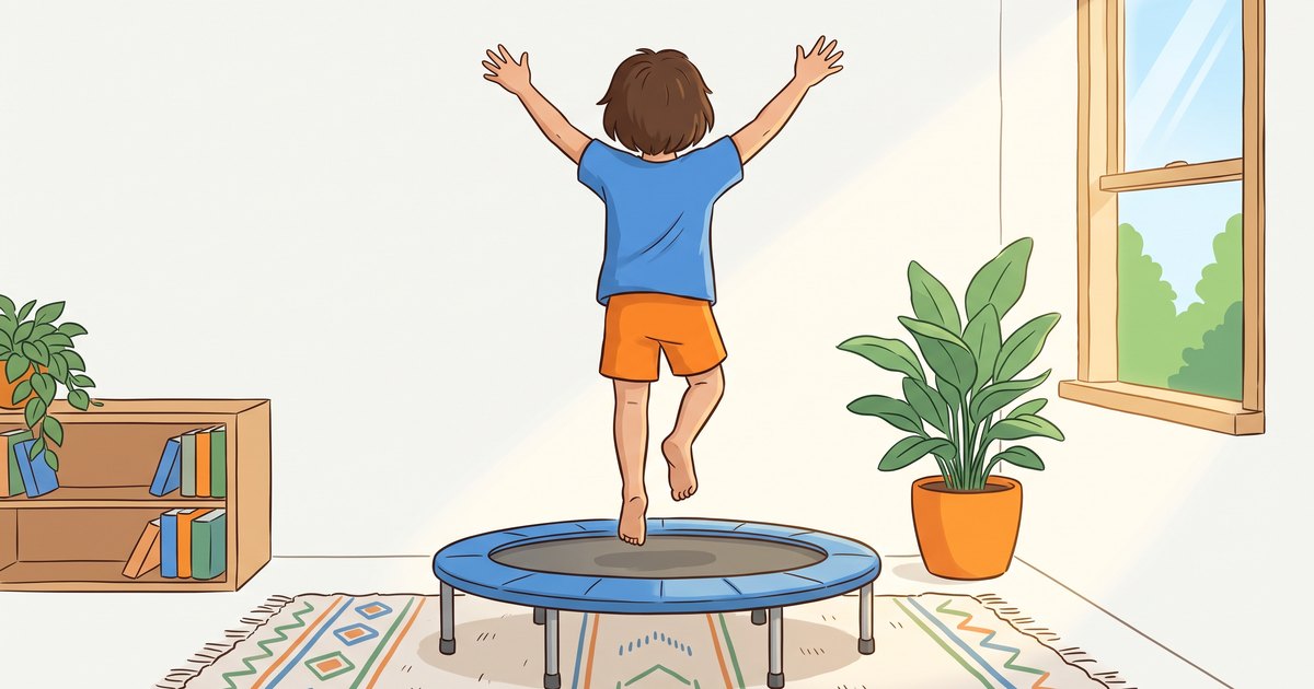 Enfant vu de dos en plein rebond sur un petit trampoline d'intérieur près d'une fenêtre baignée de lumière du matin, illustration diète sensorielle